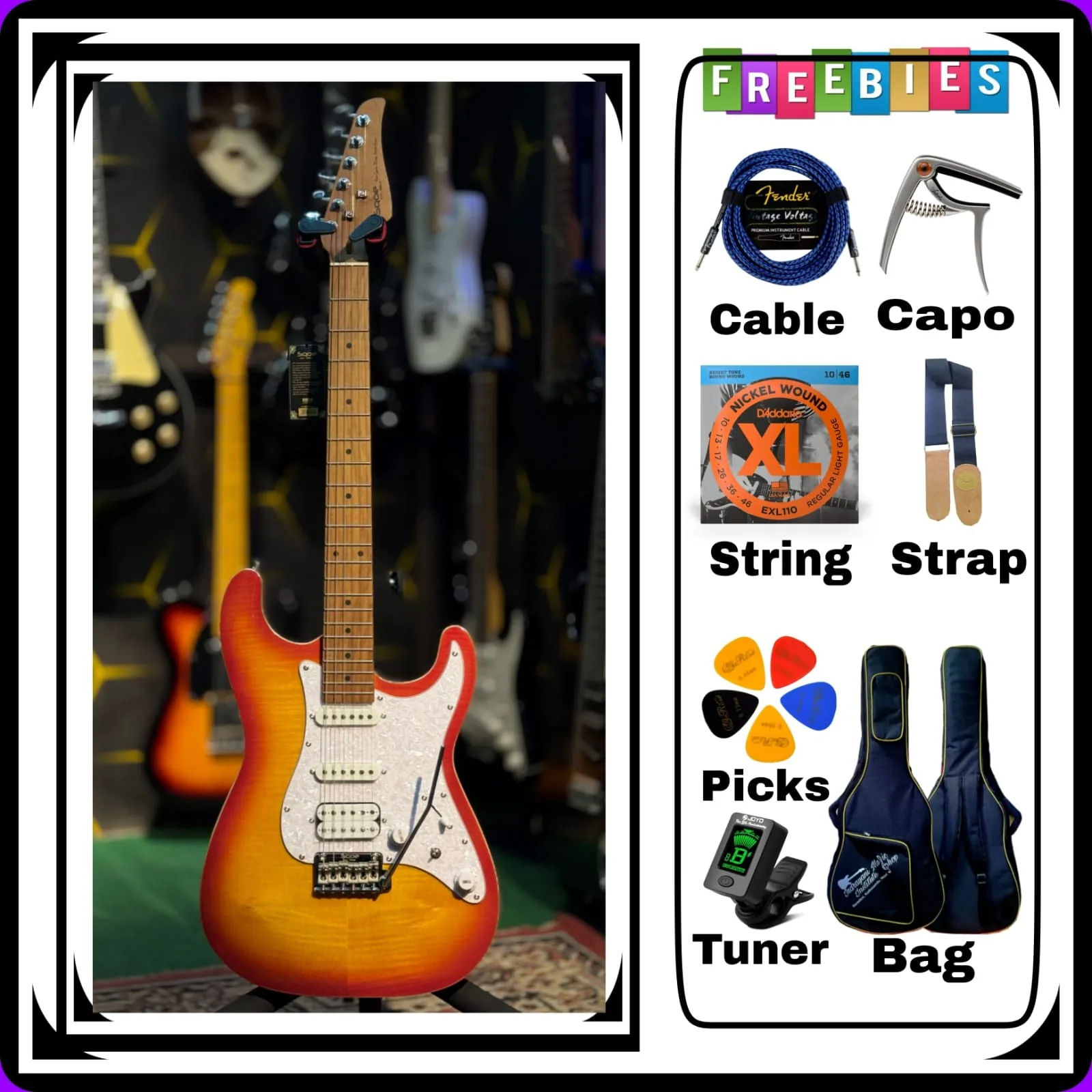 SQOE SEIB680-CS IB Series HSS Electric Guitar, Flame Cherry Sunburst Heavy Combo pack